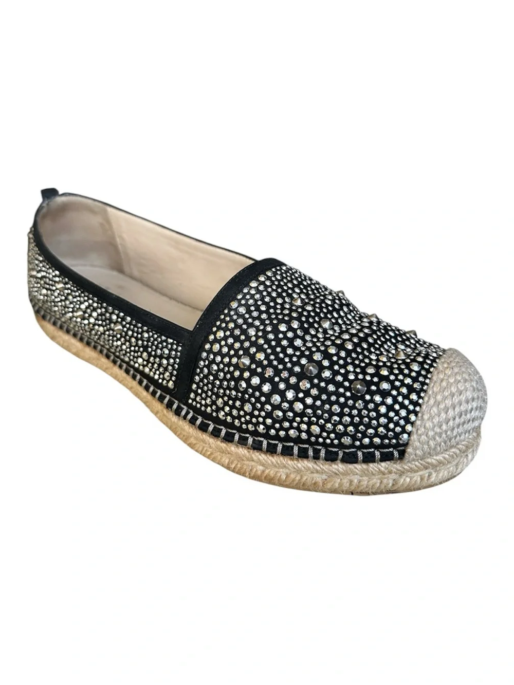 Stuart Weitzman Rockon Espadrille Slip-On Flats Studs Embellished Black Leather